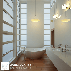 Elegant master bathroom with bamboo flooring enhanced by radiant heated floors